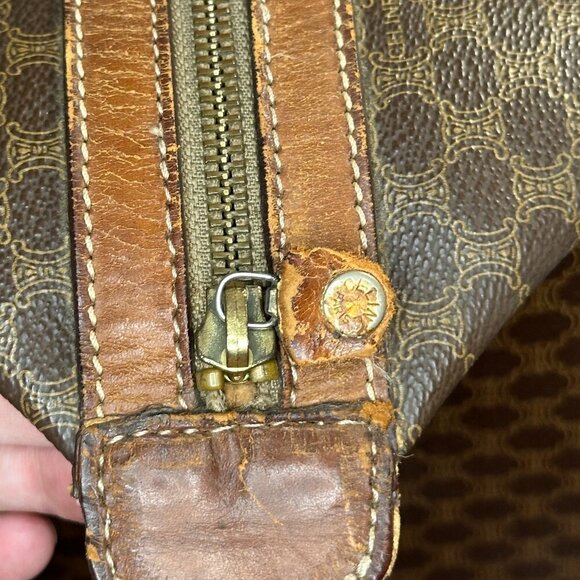 👜 VINTAGE CELINE MACADAM CANVAS & CALFSKIN BOSTON TRAVEL BAG - TAN LEATHER 👜 - Picture 12 of 13